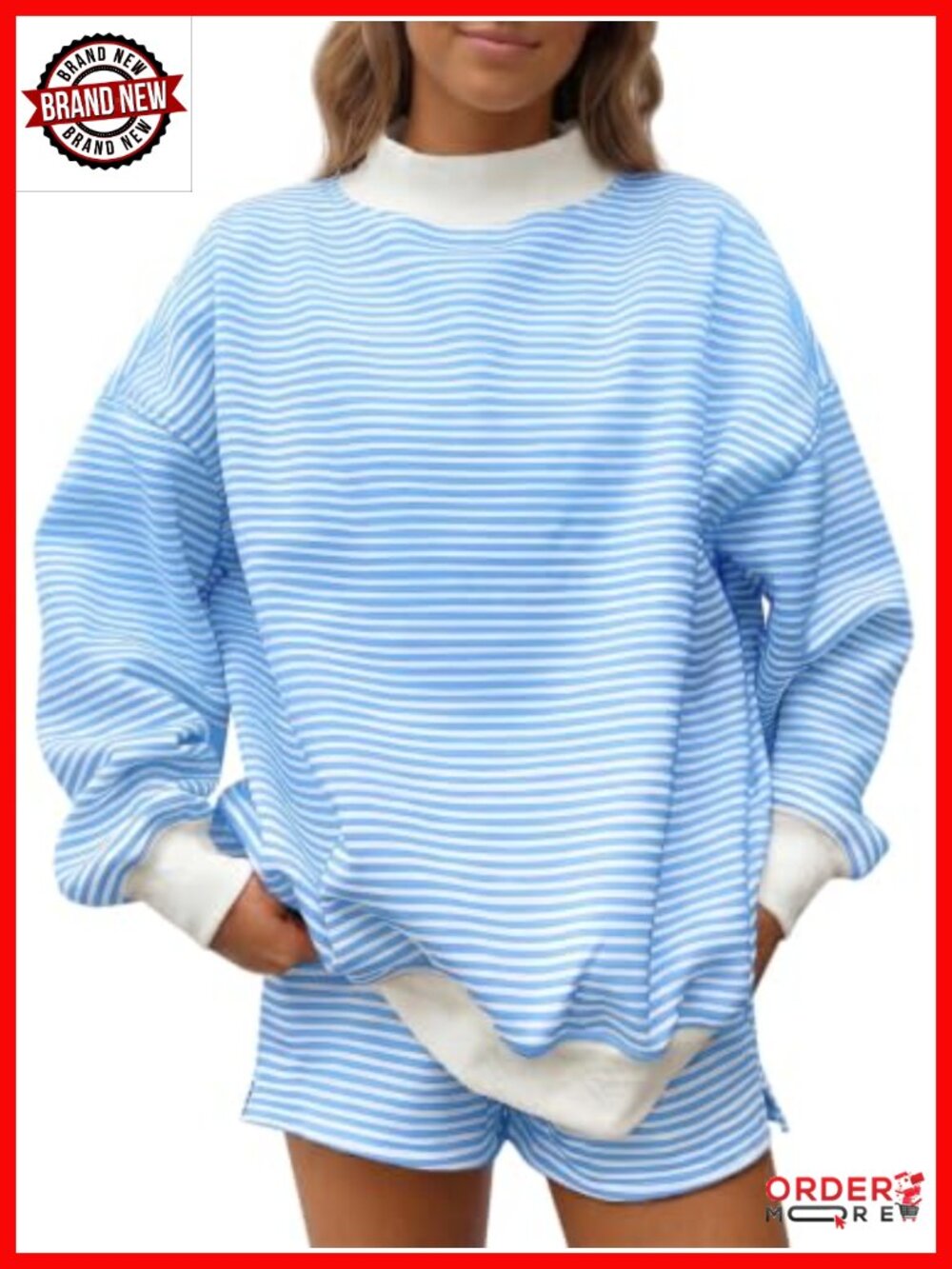 Women's 2 Piece Striped Lounge Set Mock Neck Lantern Sleeve